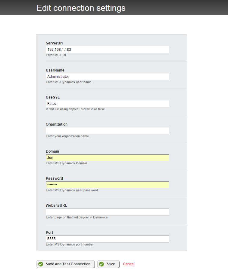 Dynamics connection settings